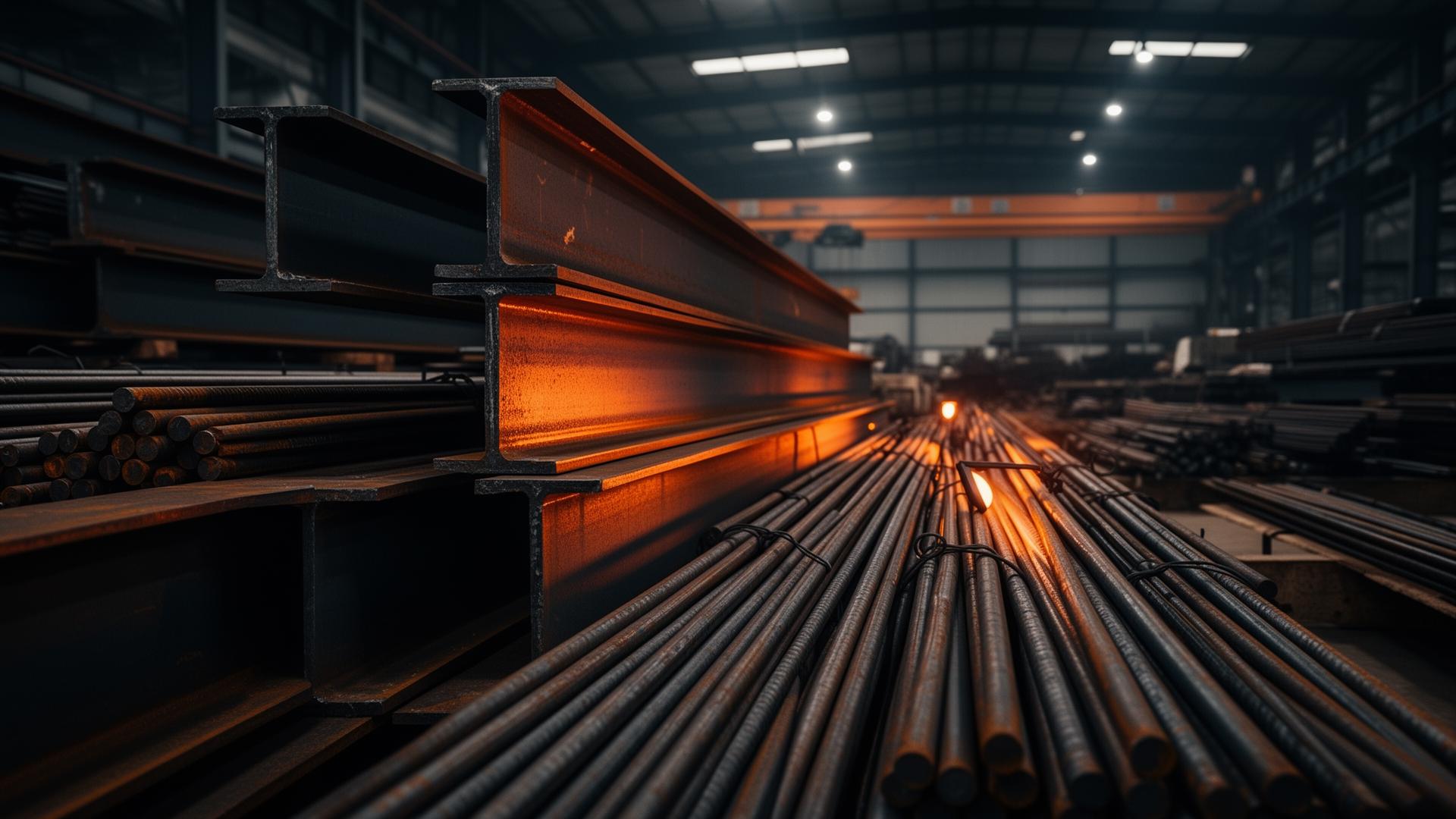 Vigas de aço e vergalhões em galpão industrial